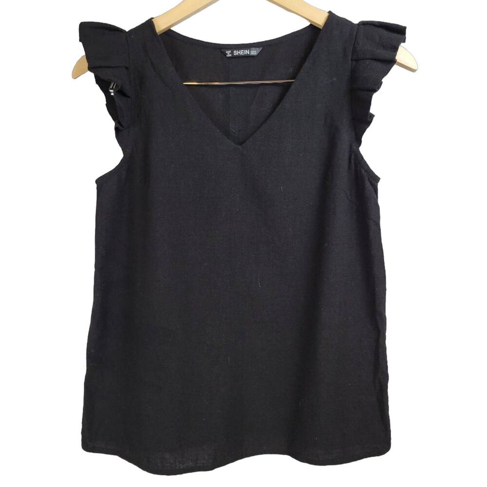 SHEIN Black Flutter Sleeve V Neck Button Back Cotton Blend Top Womens XS